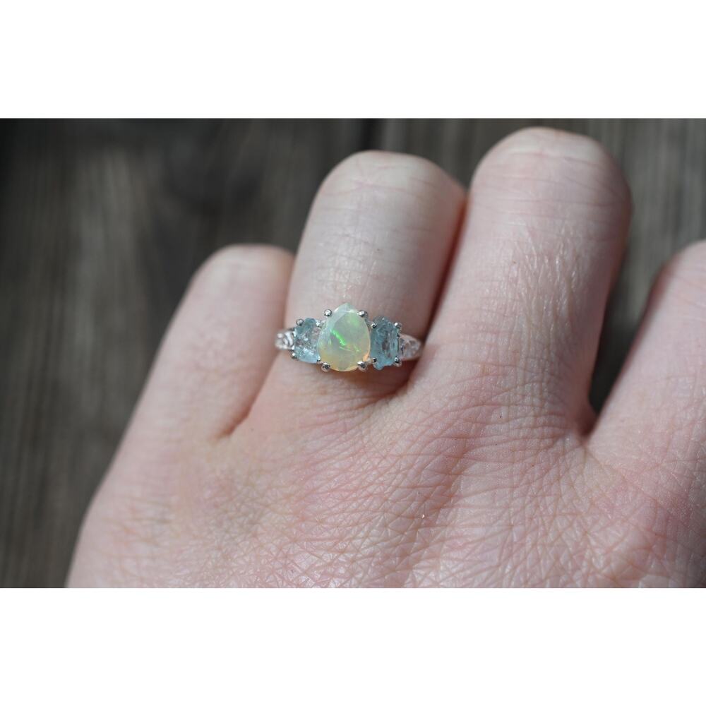 Aquamarine and opal engagement ring sterling silver size 3 4 5 6 7 8 9 10 11 12